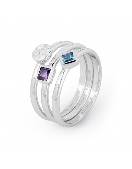 3 rings set silver 925 with zircons (amethyst blue and crystal)